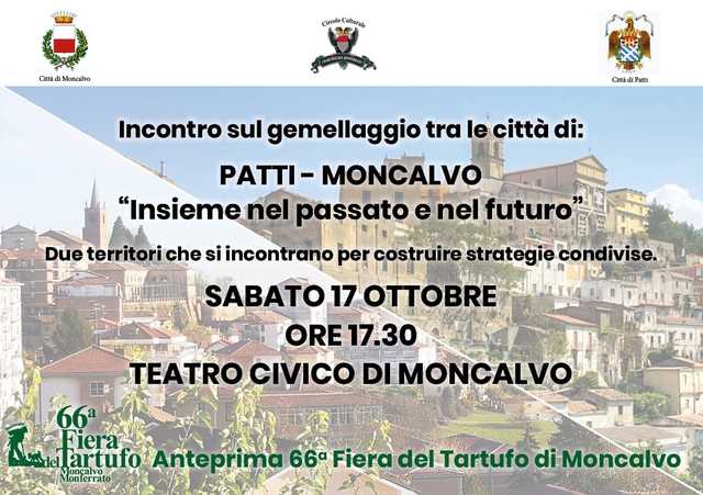 Moncalvo | Incontro sul gemellaggio tra le città di Patti e Moncalvo